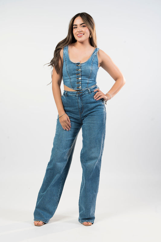 BUTTON DOWN SLEEVELESS DENIM TOP AND PANTS SET