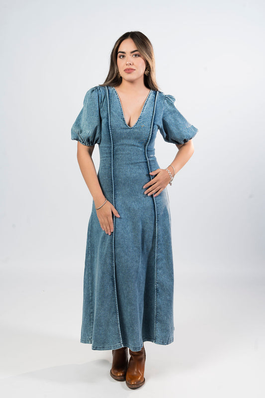 PUFF SLEEVE V NECK DENIM MIDI DRESS