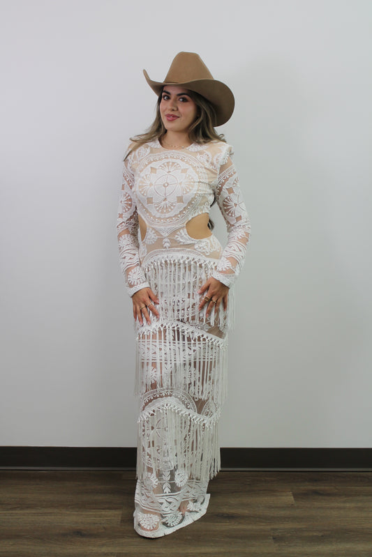 WHITE FRINGE BAROQUE LACE MAXI DRESS