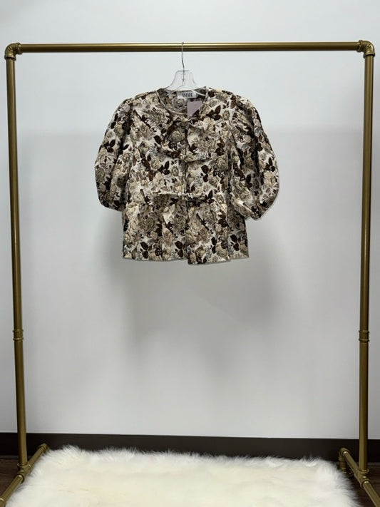 FLORAL PRINTED JACQUARD BLOUSE WITH FRONT TIES