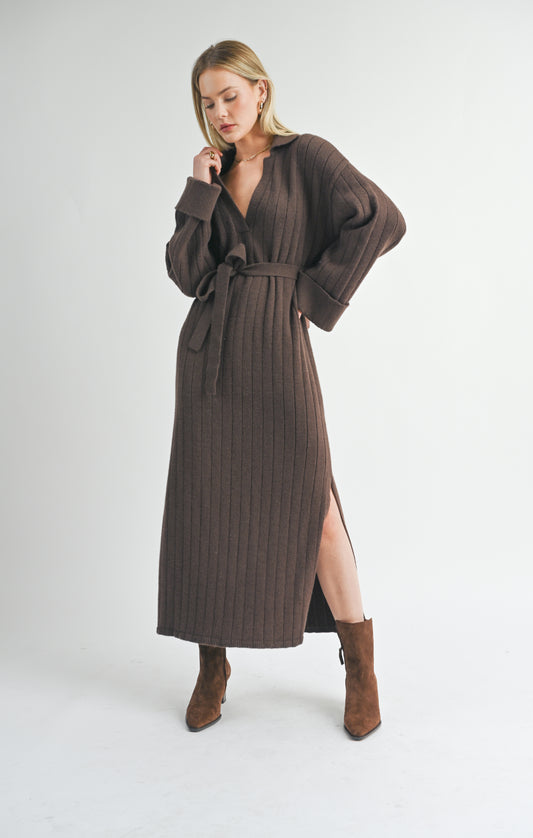 BROWN WAIST TIED SWEATER MIDI DRESS